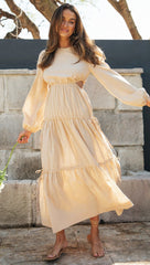Beige Long Sleeve Cutout Midi Dress