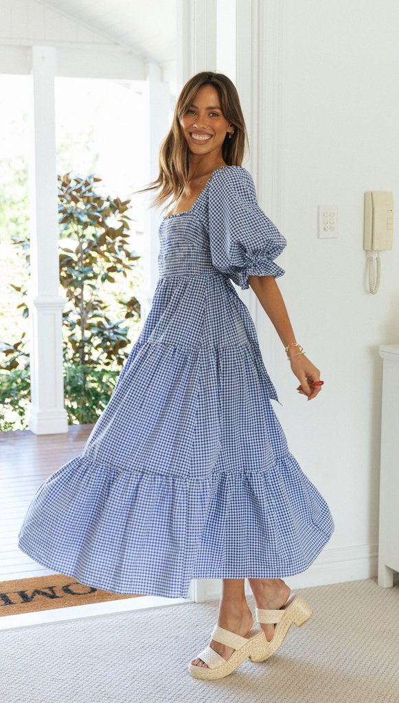 Blue Plaid Back Bowtie Long Dress