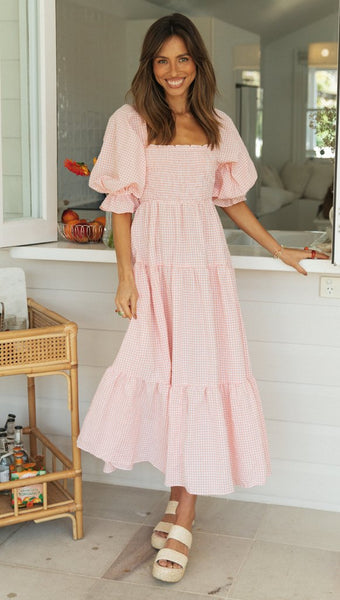 Pink Plaid Back Bowtie Long Dress