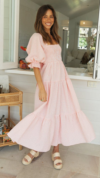 Pink Plaid Back Bowtie Long Dress