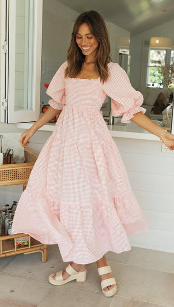 Pink Plaid Back Bowtie Long Dress