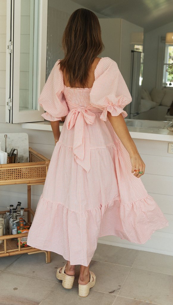 Pink Plaid Back Bowtie Long Dress