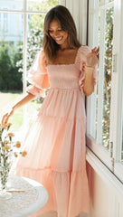Pink Plaid Back Bowtie Long Dress
