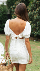 White Pleated Back Bowtie Bodycon Dress