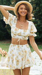 Yellow Floral Crop Top and Skirt Sets