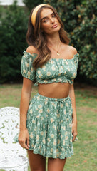 Green Floral Crop Top and Skirt Sets