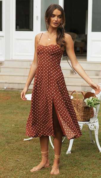 Coffee Polk Dot Slip High Slit Dress