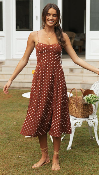 Coffee Polk Dot Slip High Slit Dress