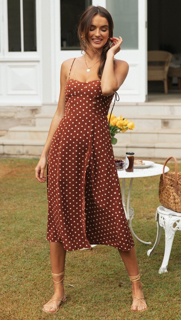 Coffee Polk Dot Slip High Slit Dress Gabi Swimwear Coffee Polk Dot Slip High Slit Dress Gabi Swimwear