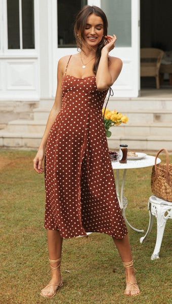 Coffee Polk Dot Slip High Slit Dress