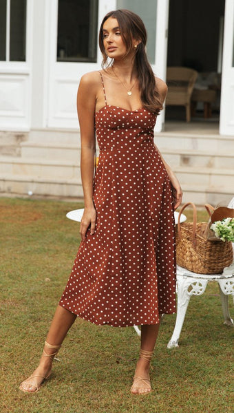 Coffee Polk Dot Slip High Slit Dress