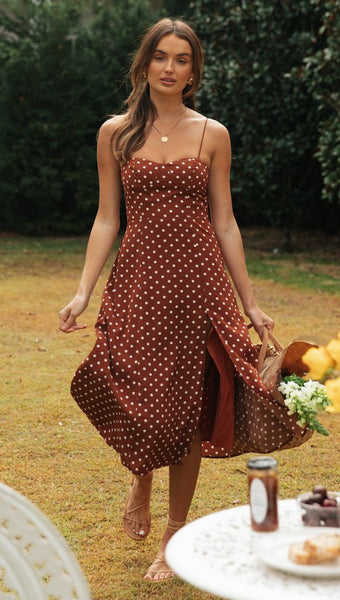 Coffee Polk Dot Slip High Slit Dress