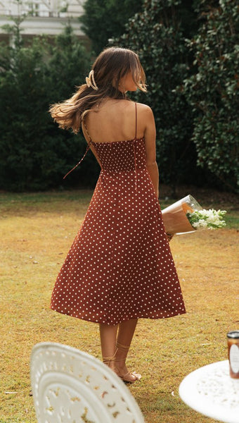 Coffee Polk Dot Slip High Slit Dress