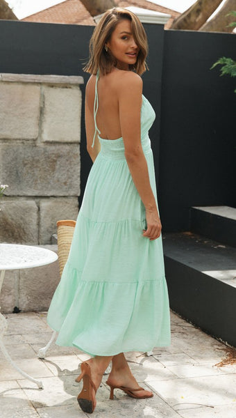 Mint Green Halter Neck Backless Dress