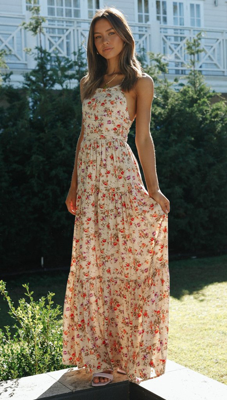 Delicate Floral Backless Maxi Dress