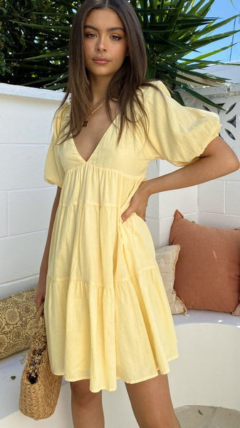 Yellow Pleated Flare Dress