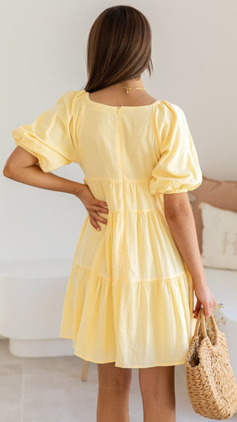 Yellow Pleated Flare Dress