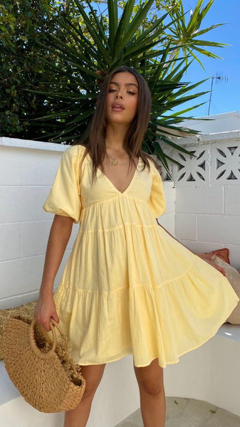 Yellow Pleated Flare Dress