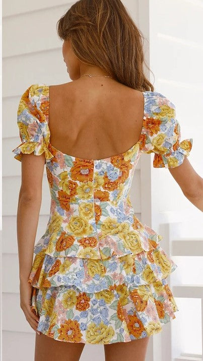 Colorful Floral Layered Backless Dress