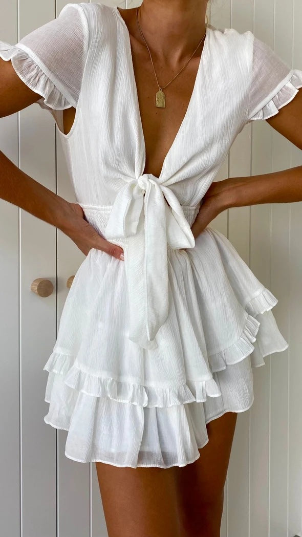 White Short Sleeves Front Knot Dress
