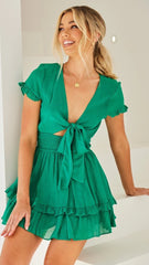 Green Short Sleeves Front Knot Dress