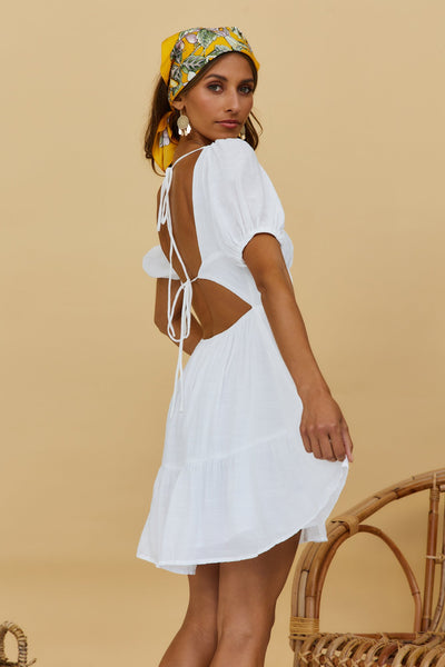 White Front Tie Pleated Dress