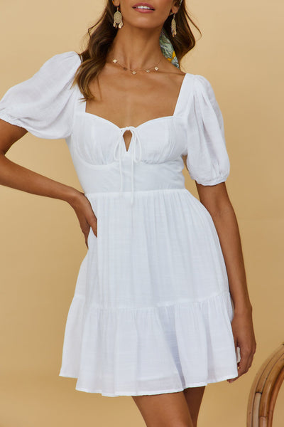 White Front Tie Pleated Dress