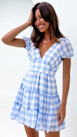 Blue Plaid Pleated Dress