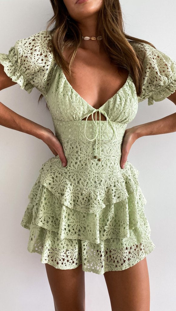 Green Crochet Lace-Neck Tie Dress