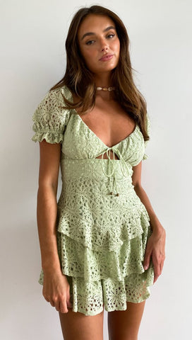 Green Crochet Lace-Neck Tie Dress