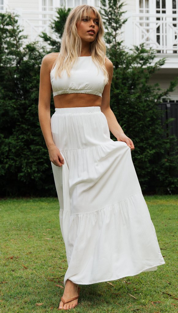 White Crossover Back Top Maxi Skirt Sets