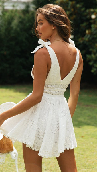 White Crochet Lace Plunging Dress