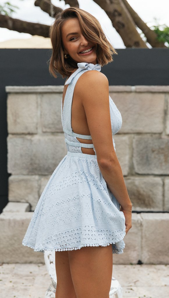 Blue Crochet Lace Plunging Dress