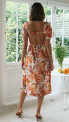 Orange Floral Cutout Backless Midi Dress