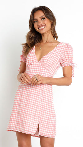 Pink Plaid V Neckline Dress