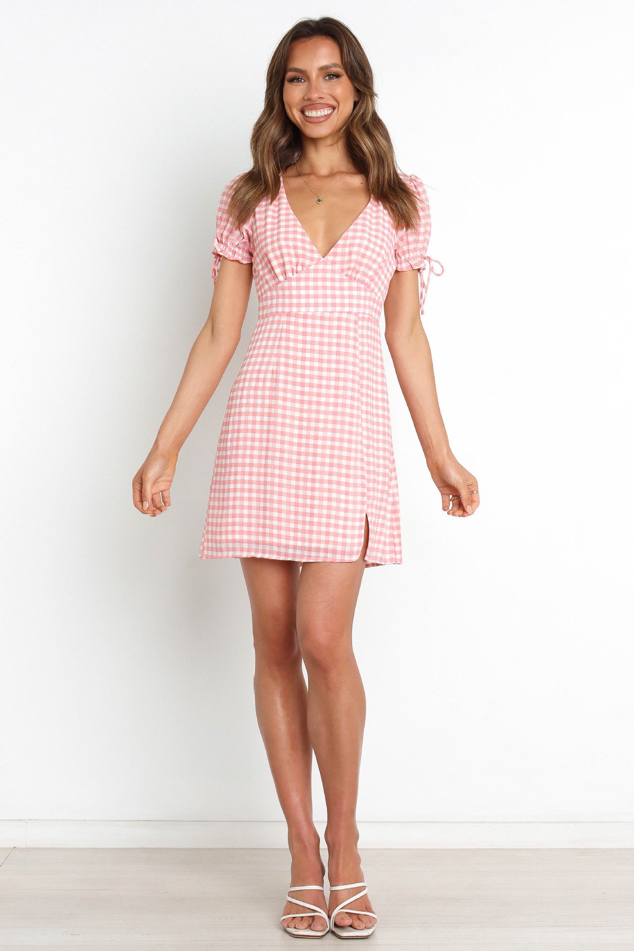 Pink Plaid V Neckline Dress