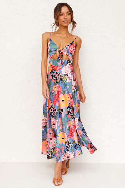 Bold Floral Print Knot Slip Dress