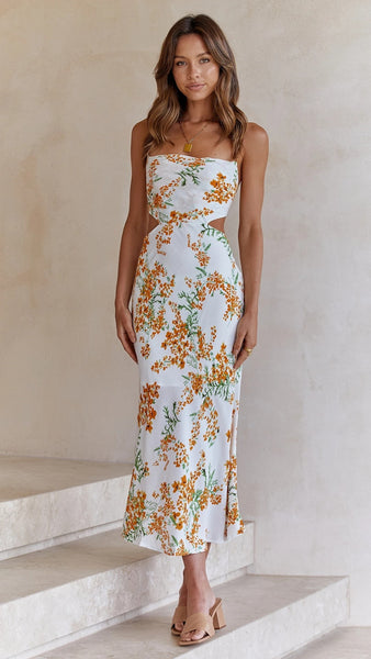 White Floral Cutout Waist Slip Dress