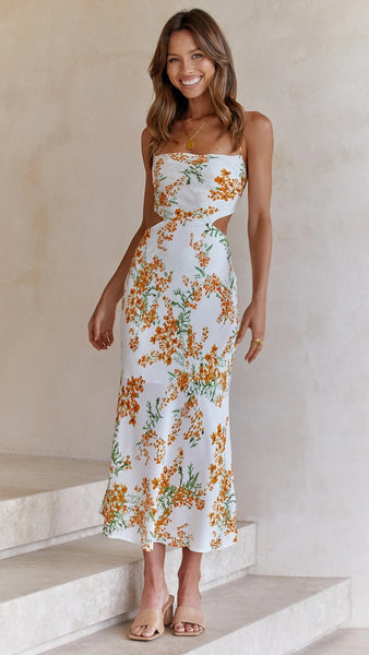 White Floral Cutout Waist Slip Dress