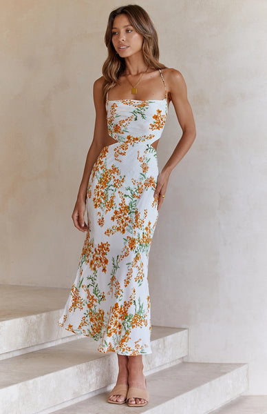 White Floral Cutout Waist Slip Dress