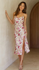 Fuschia Rose Print Slit Midi Dress