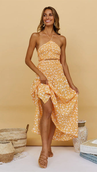 Yellow Floral Smocked Halter Dress