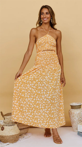 Yellow Floral Smocked Halter Dress