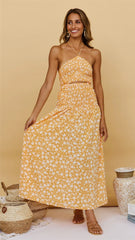 Yellow Floral Smocked Halter Dress