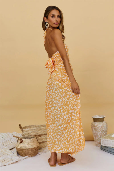 Yellow Floral Smocked Halter Dress