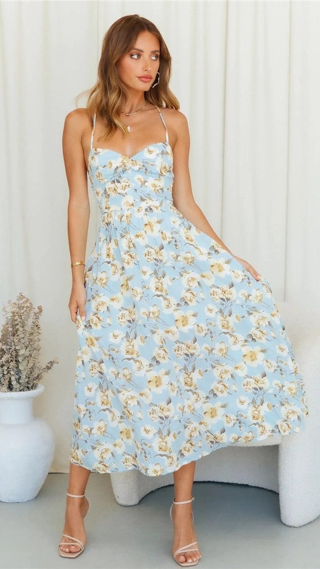 Blue Floral Backless Dress
