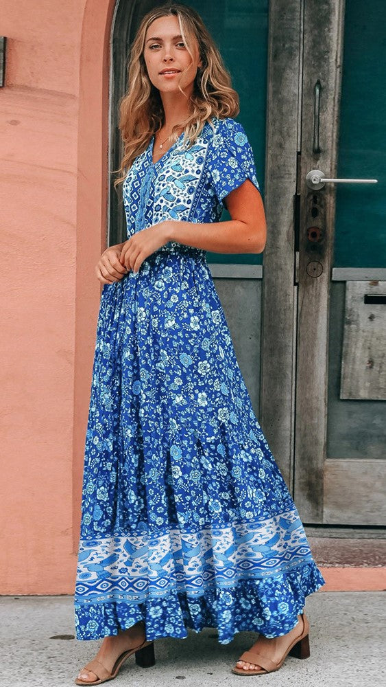 Blue Boho Floral Maxi Dress