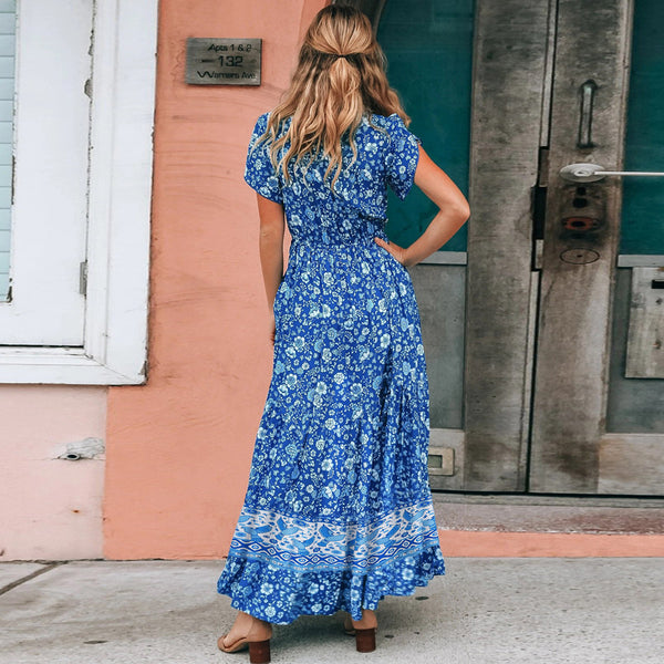 Blue Boho Floral Maxi Dress