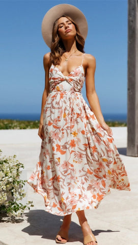 Coral Floral Print Front Twist Slip Dress