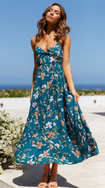 Teal Floral Print Front Twist Slip Dress